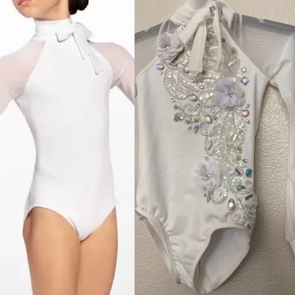 Weissman Balera solo Dance costume white custom poet sleeve Leotard MT11449 SC 6